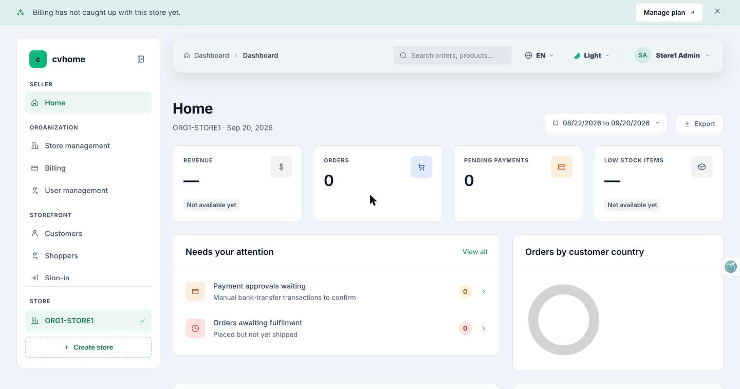 The store dashboard after signing in