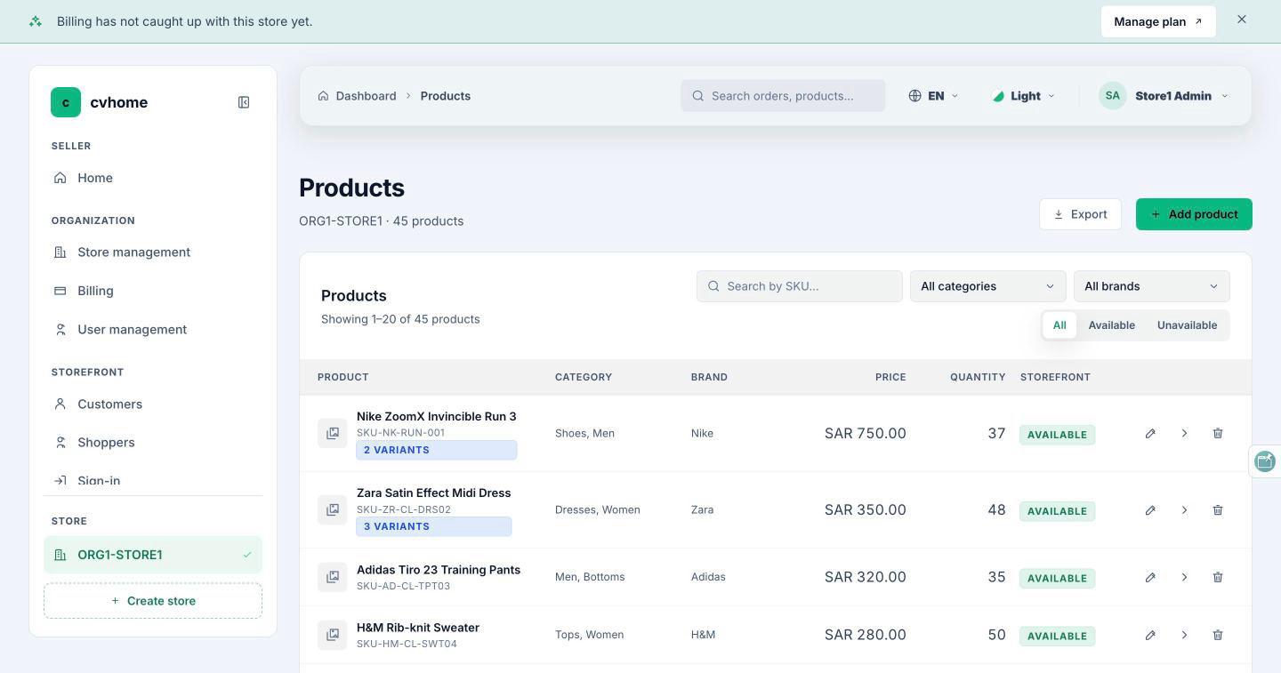 The products table with price and stock merged from inventory