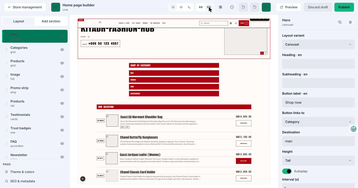 The builder with the layer list, the live storefront preview and the inspector