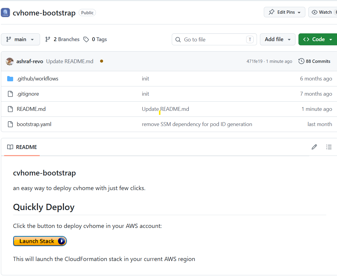 The Launch Stack button in the cvhome-platform README